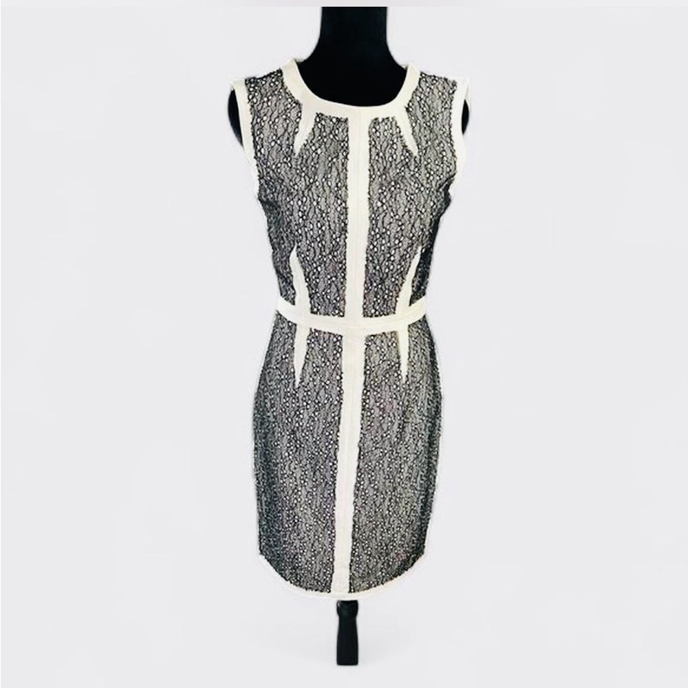 BCBGMAXAZRIA Black Cream Lace Panel Sheath Dress Size 6 Sleeveless Bodycon - Picture 2 of 7